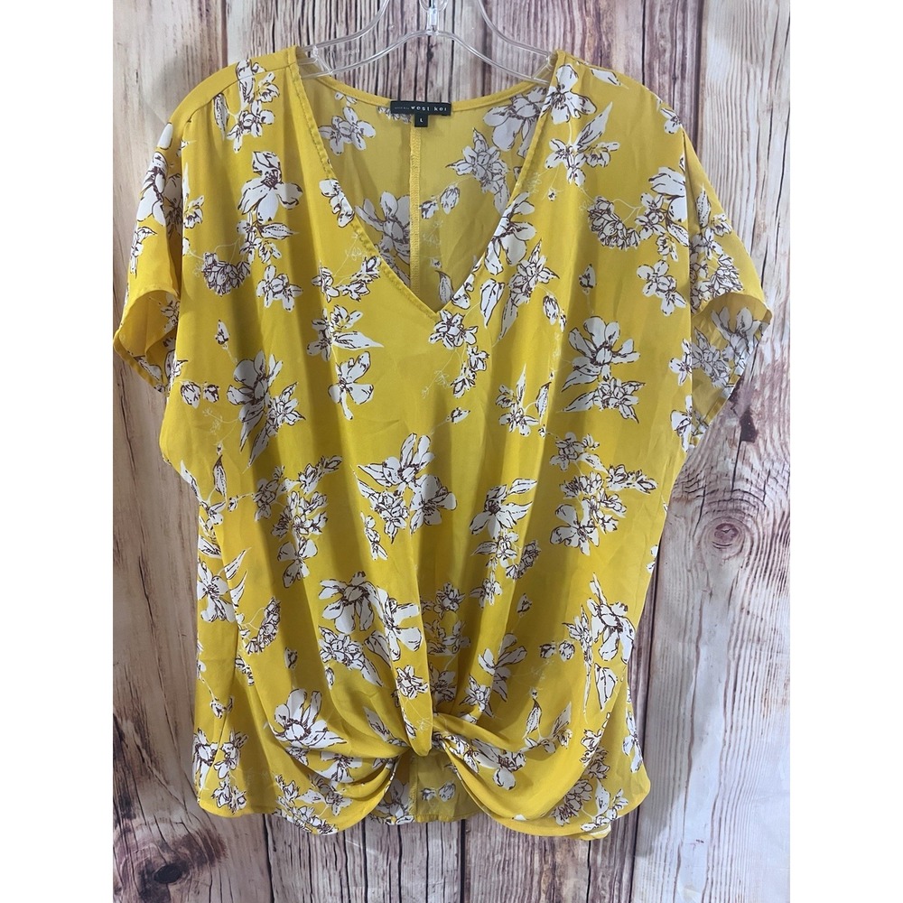 West Kei Faux Wrap Day Blouse Mustard Yellow Floral Top Size Large